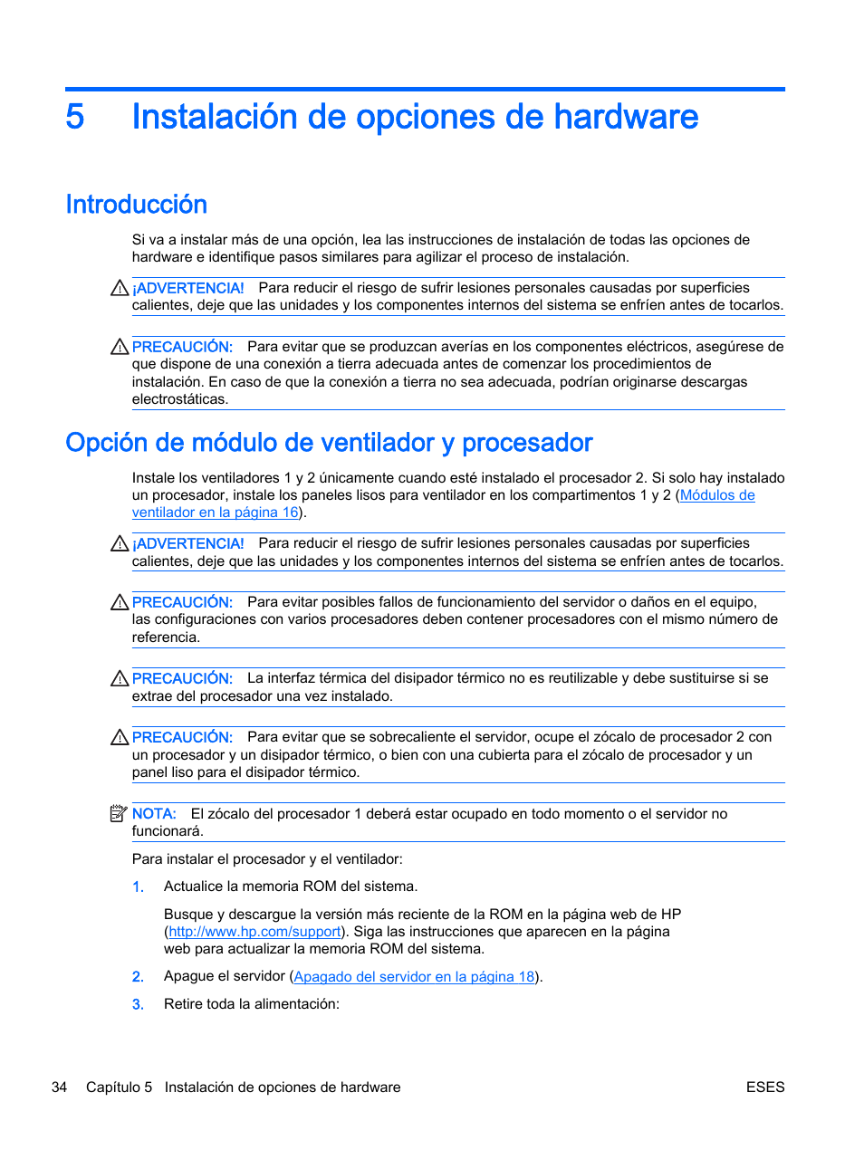 Instalación de opciones de hardware, Introducción, Opción de módulo de ventilador y procesador | 5 instalación de opciones de hardware, 5instalación de opciones de hardware | HP Servidor HP ProLiant DL360p Gen8 User Manual | Page 41 / 129