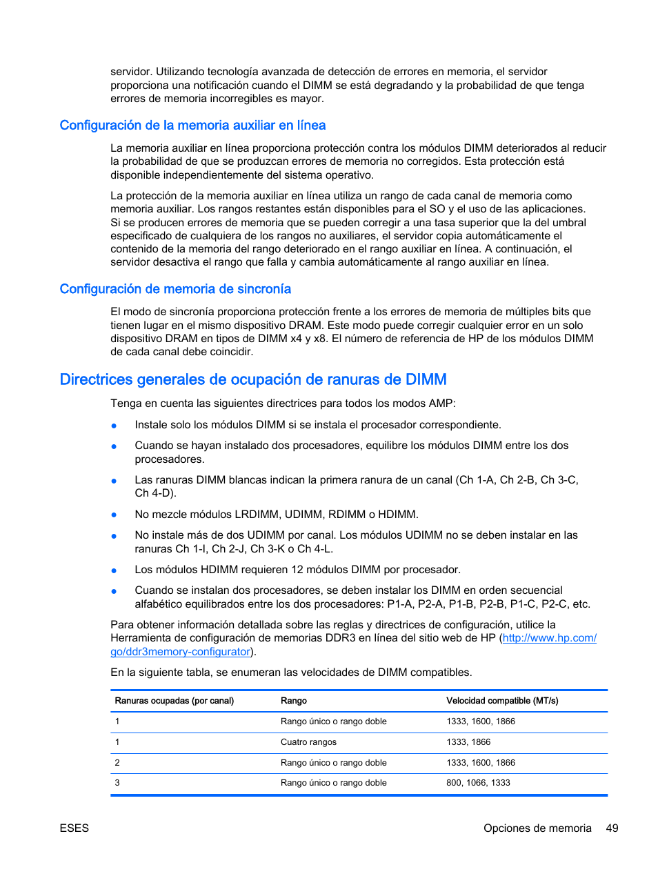 Configuración de la memoria auxiliar en línea, Configuración de memoria de sincronía | HP Servidor HP ProLiant DL360p Gen8 User Manual | Page 56 / 129