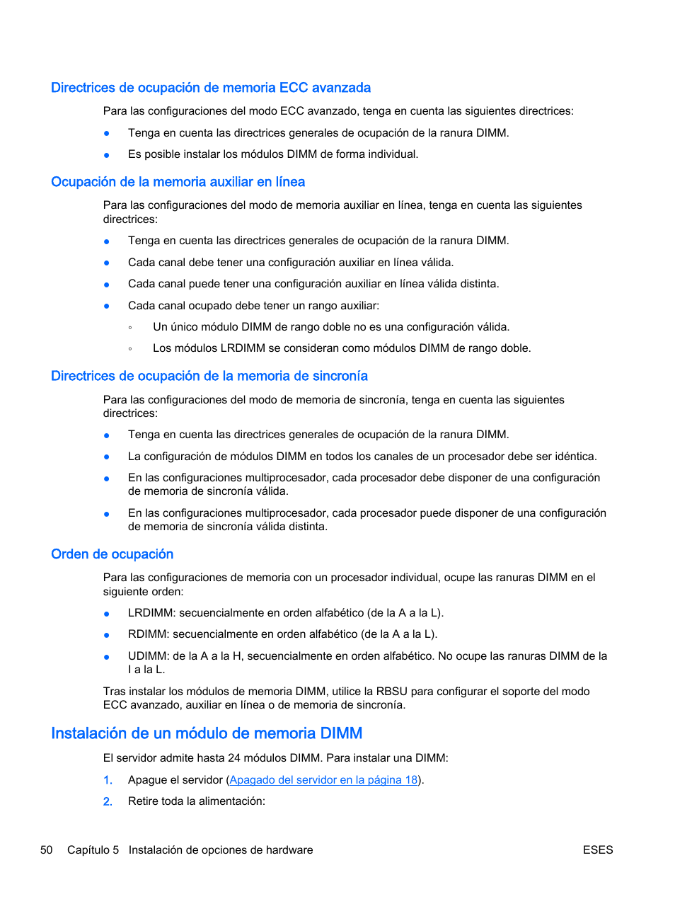 Directrices de ocupación de memoria ecc avanzada, Ocupación de la memoria auxiliar en línea, Orden de ocupación | Instalación de un módulo de memoria dimm | HP Servidor HP ProLiant DL360p Gen8 User Manual | Page 57 / 129