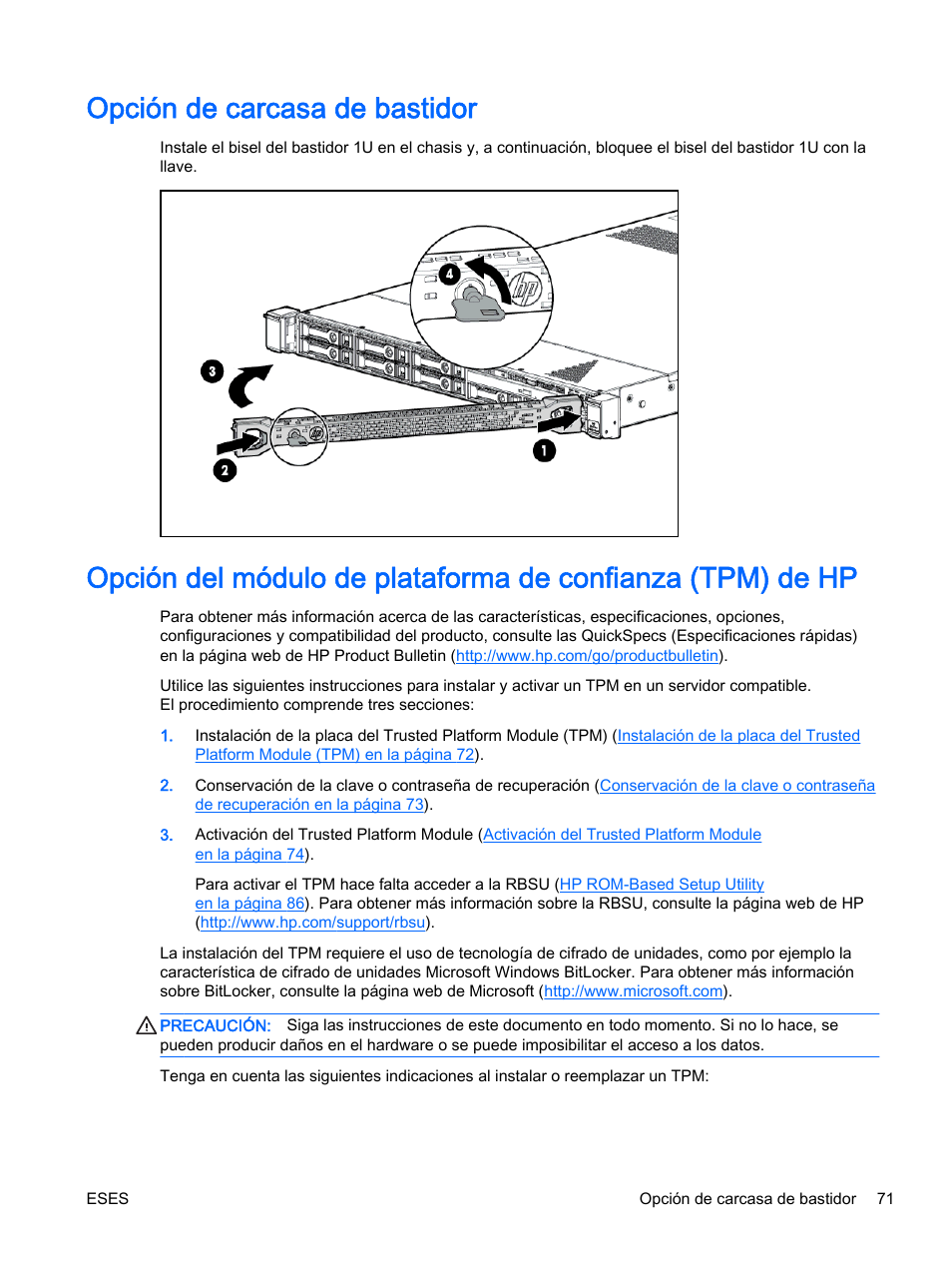 Opción de carcasa de bastidor | HP Servidor HP ProLiant DL360p Gen8 User Manual | Page 78 / 129