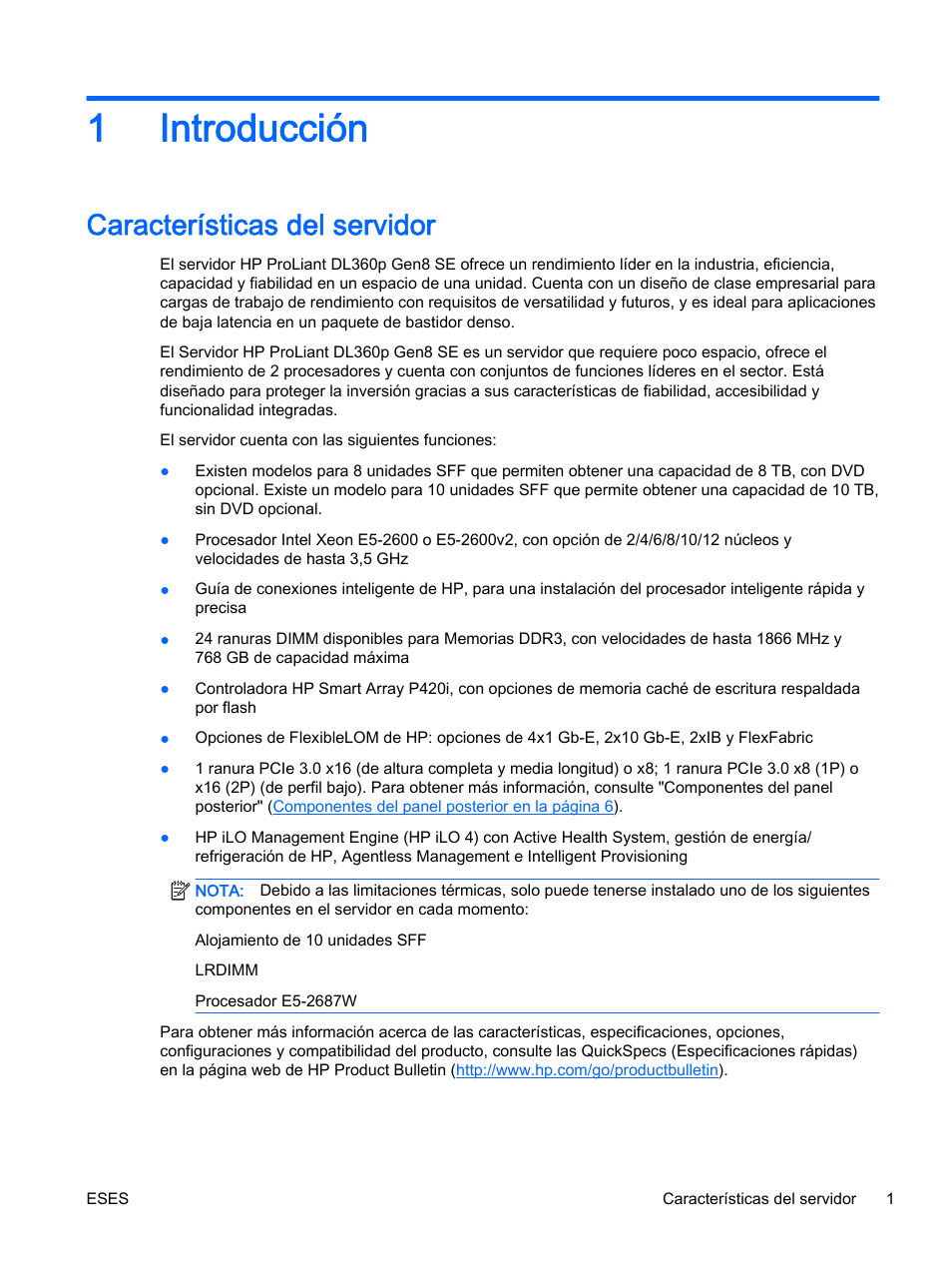 Introducción, Características del servidor, 1 introducción | 1introducción | HP Servidor HP ProLiant DL360p Gen8 User Manual | Page 8 / 129