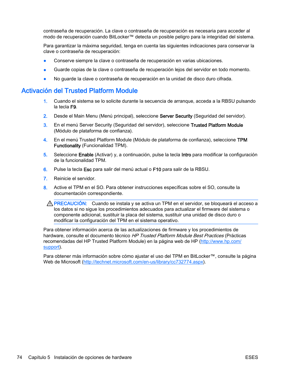 Activación del trusted platform module | HP Servidor HP ProLiant DL360p Gen8 User Manual | Page 81 / 129