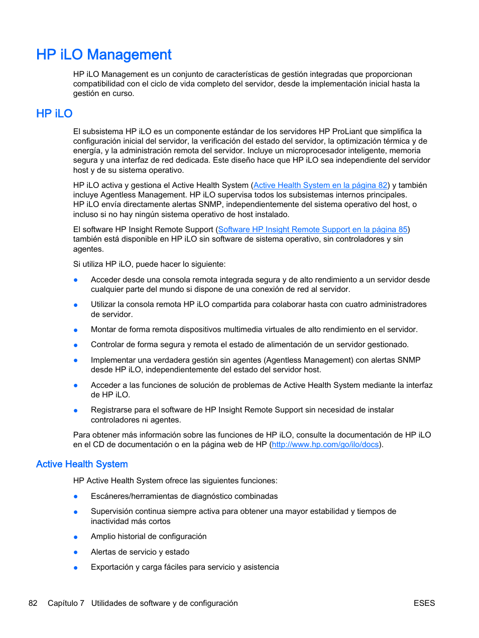 Hp ilo management, Hp ilo, Active health system | HP Servidor HP ProLiant DL360p Gen8 User Manual | Page 89 / 129