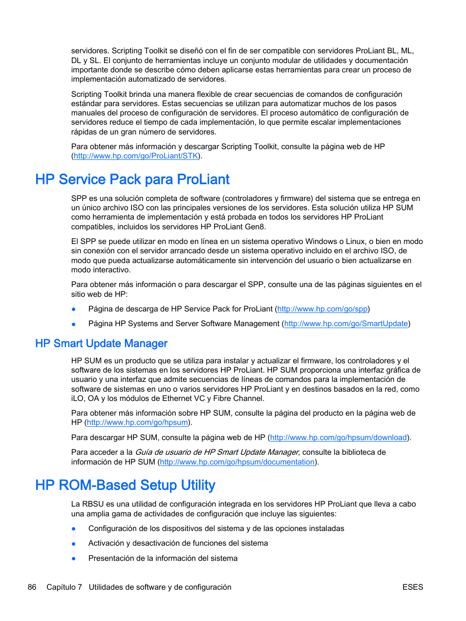 Hp service pack para proliant, Hp smart update manager, Hp rom-based setup utility | Hp rom, Para, Oliant, Hp service pack para | HP Servidor HP ProLiant DL360p Gen8 User Manual | Page 93 / 129