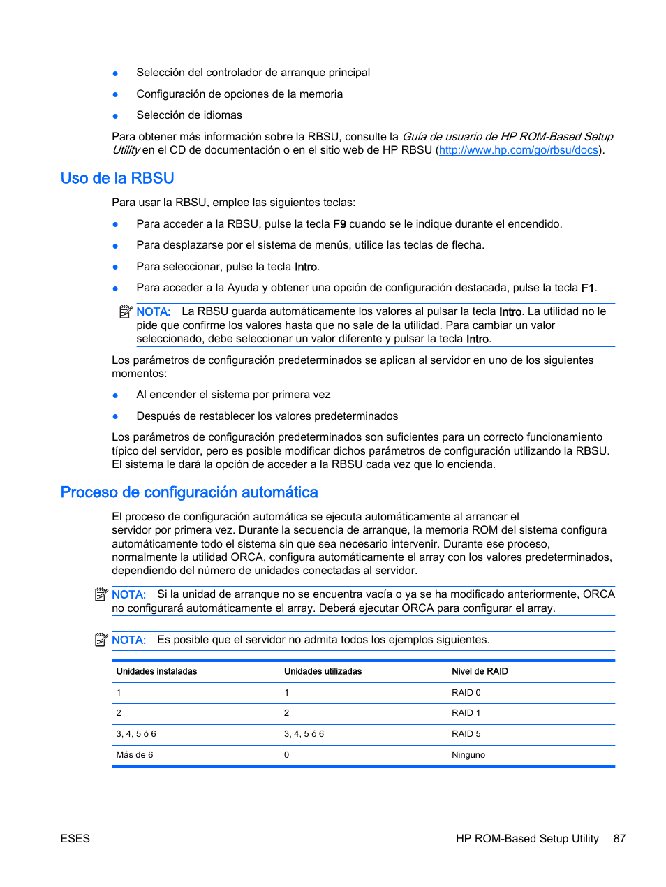Uso de la rbsu, Proceso de configuración automática, Uso de la rbsu proceso de configuración automática | HP Servidor HP ProLiant DL360p Gen8 User Manual | Page 94 / 129