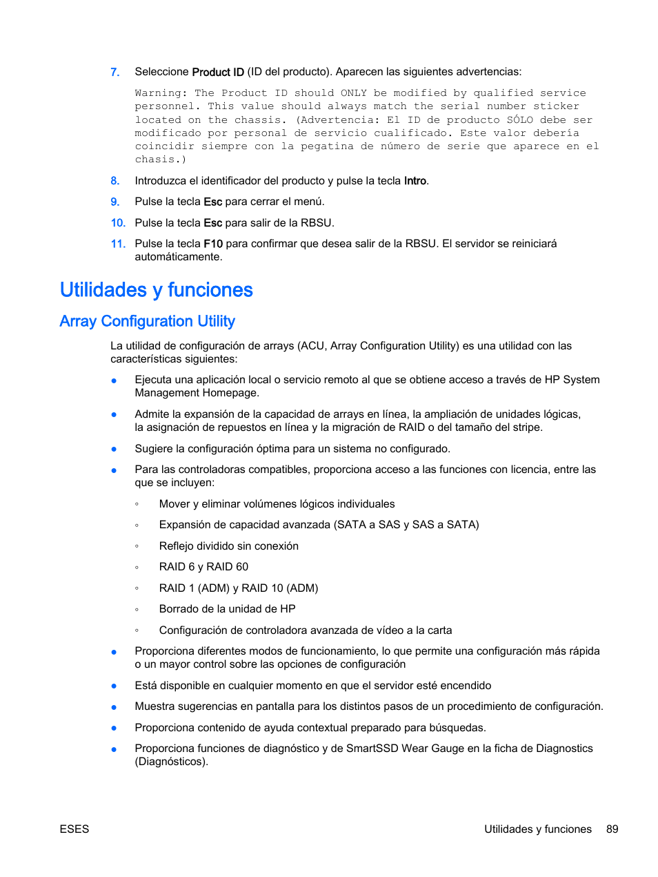 Utilidades y funciones, Array configuration utility | HP Servidor HP ProLiant DL360p Gen8 User Manual | Page 96 / 129