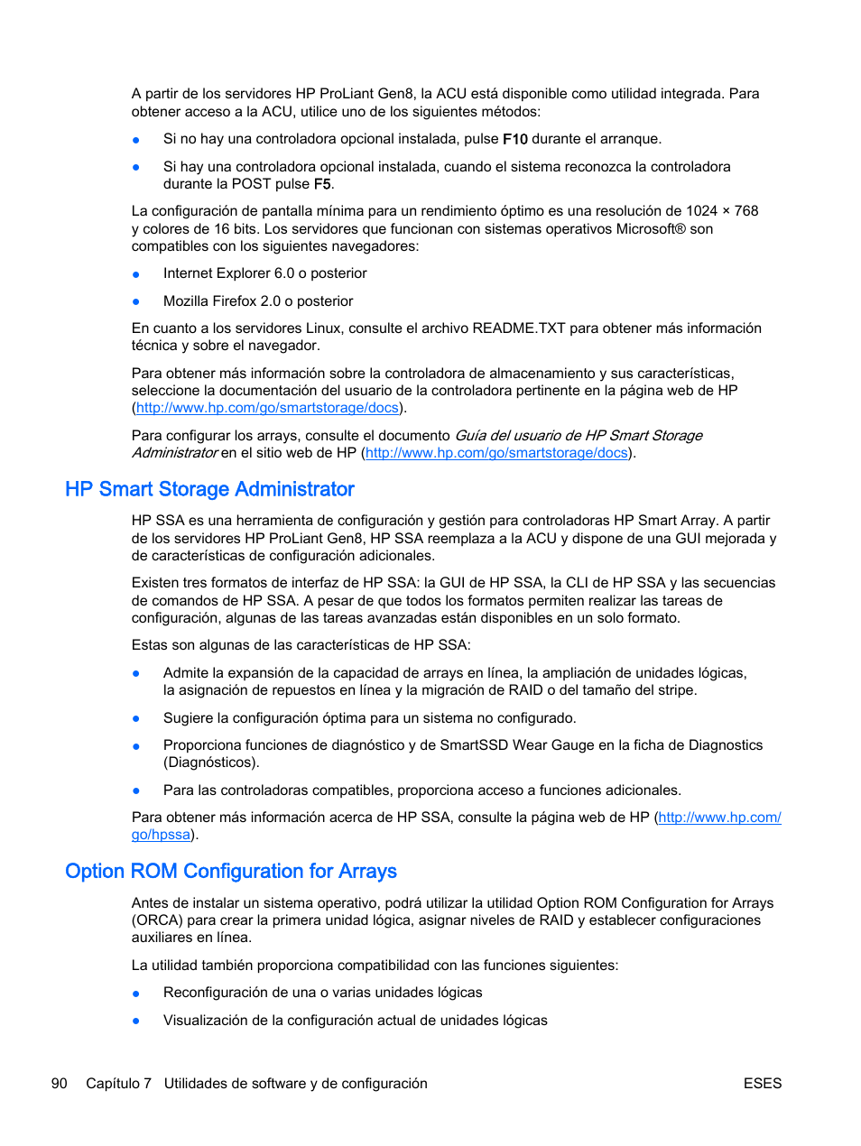 Hp smart storage administrator, Option rom configuration for arrays, Option rom | HP Servidor HP ProLiant DL360p Gen8 User Manual | Page 97 / 129