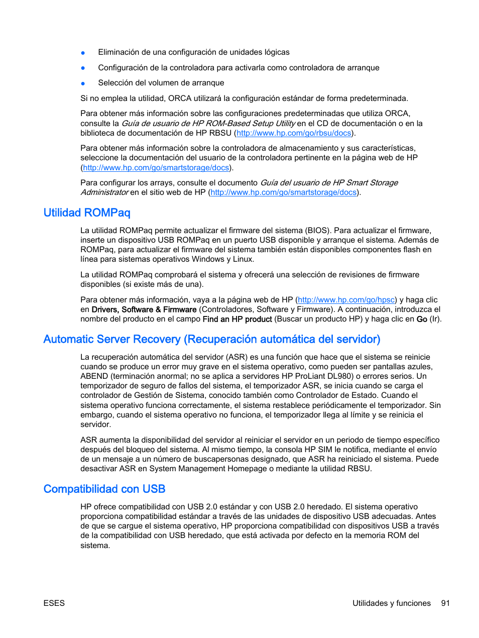 Utilidad rompaq, Compatibilidad con usb | HP Servidor HP ProLiant DL360p Gen8 User Manual | Page 98 / 129