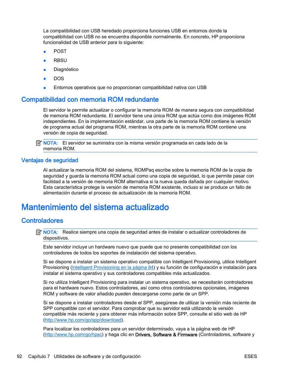 Compatibilidad con memoria rom redundante, Ventajas de seguridad, Mantenimiento del sistema actualizado | Controladores, Mantenimiento del | HP Servidor HP ProLiant DL360p Gen8 User Manual | Page 99 / 129