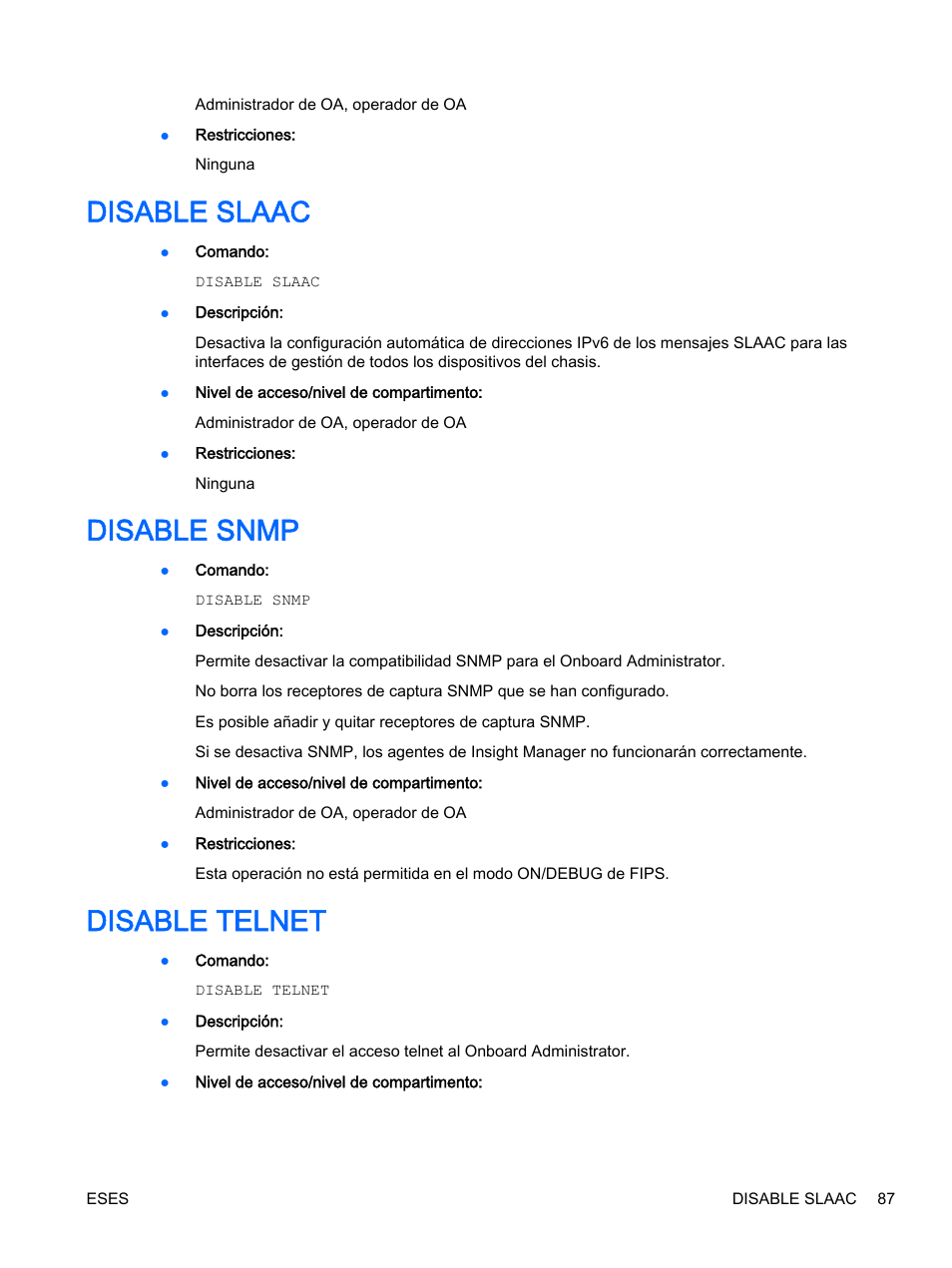 Disable slaac, Disable snmp, Disable telnet | Disable slaac disable snmp | HP Onboard Administrator User Manual | Page 100 / 266