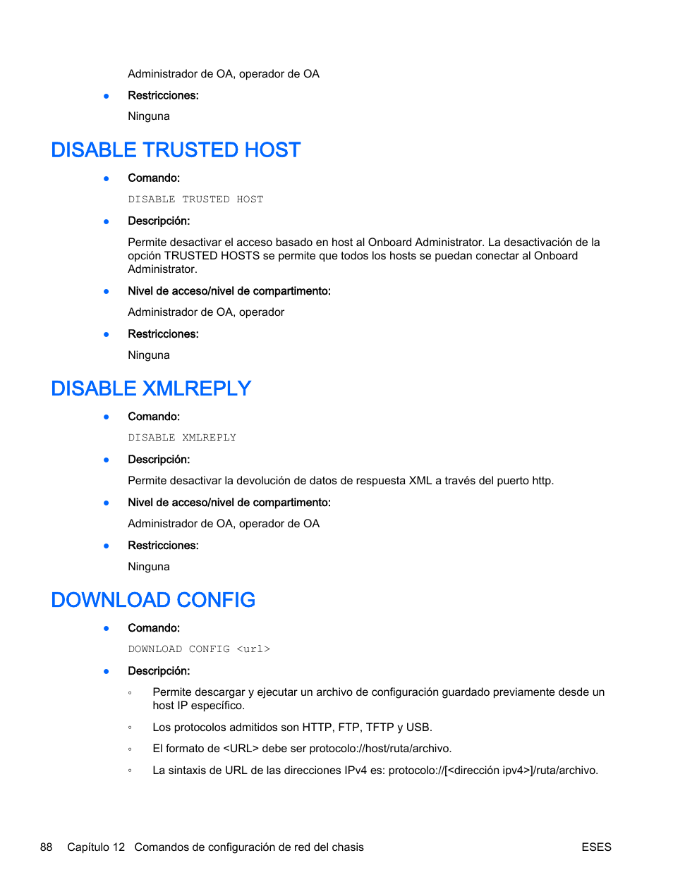 Disable trusted host, Disable xmlreply, Download config | HP Onboard Administrator User Manual | Page 101 / 266