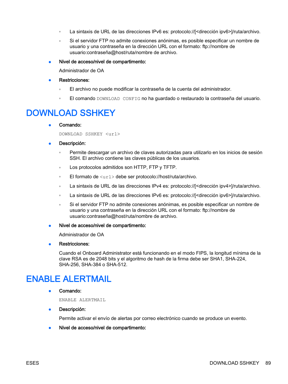 Download sshkey, Enable alertmail, Download sshkey enable alertmail | HP Onboard Administrator User Manual | Page 102 / 266