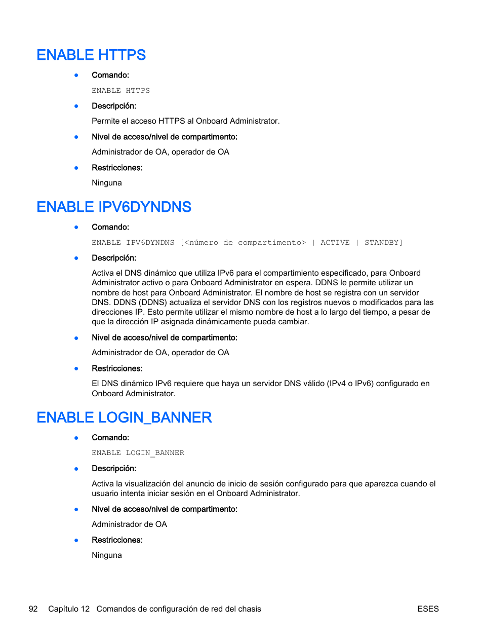 Enable https, Enable ipv6dyndns, Enable login_banner | Enable https enable ipv6dyndns enable login_banner | HP Onboard Administrator User Manual | Page 105 / 266