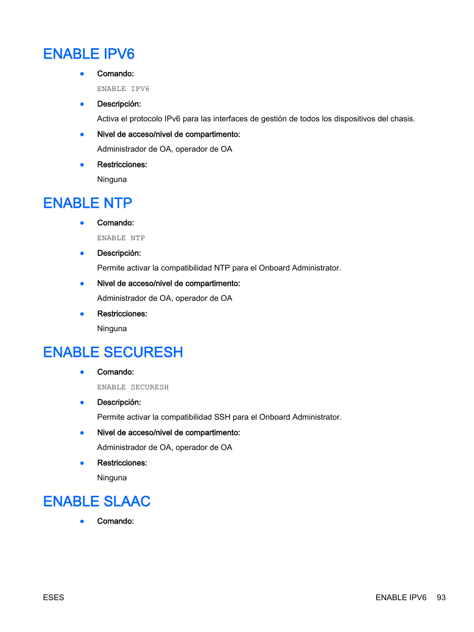 Enable ipv6, Enable ntp, Enable securesh | Enable slaac, O enable ebipav6 | HP Onboard Administrator User Manual | Page 106 / 266