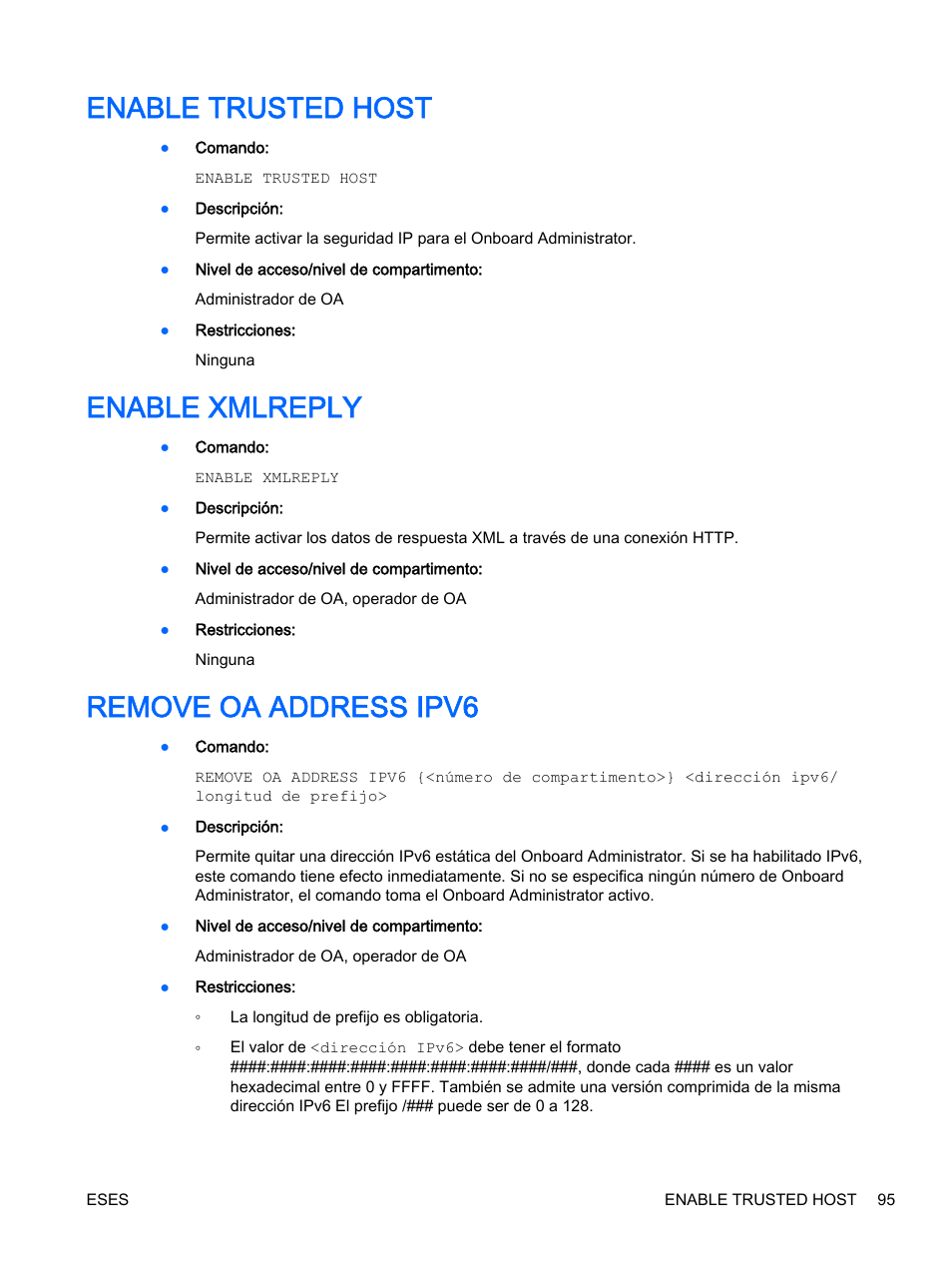 Enable trusted host, Enable xmlreply, Remove oa address ipv6 | HP Onboard Administrator User Manual | Page 108 / 266