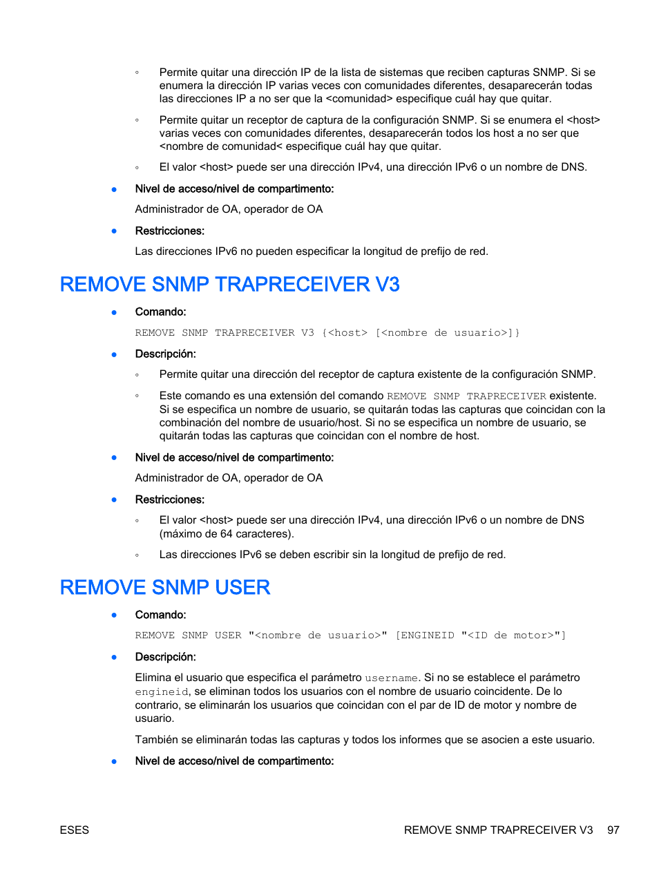Remove snmp trapreceiver v3, Remove snmp user, Remove snmp trapreceiver v3 remove snmp user | HP Onboard Administrator User Manual | Page 110 / 266