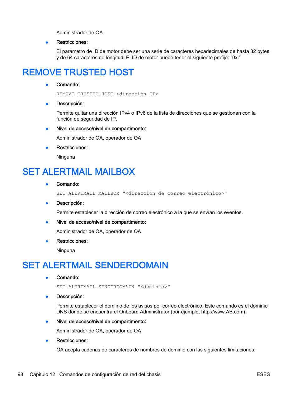 Remove trusted host, Set alertmail mailbox, Set alertmail senderdomain | HP Onboard Administrator User Manual | Page 111 / 266