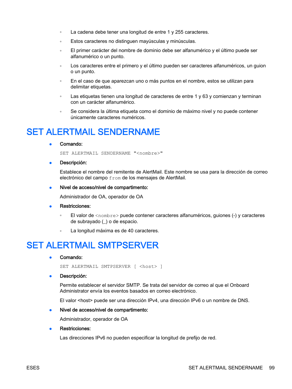 Set alertmail sendername, Set alertmail smtpserver, Set alertmail sendername set alertmail smtpserver | HP Onboard Administrator User Manual | Page 112 / 266