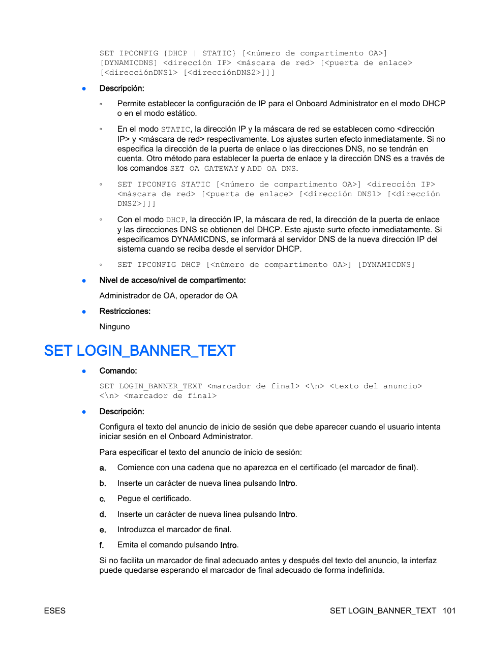 Set login_banner_text | HP Onboard Administrator User Manual | Page 114 / 266