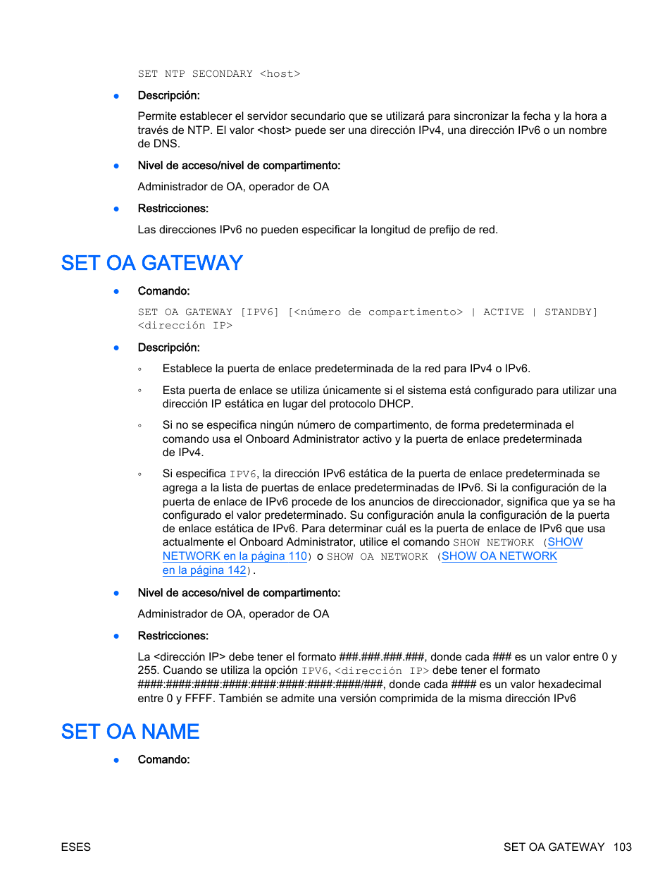 Set oa gateway, Set oa name, Set oa gateway set oa name | HP Onboard Administrator User Manual | Page 116 / 266