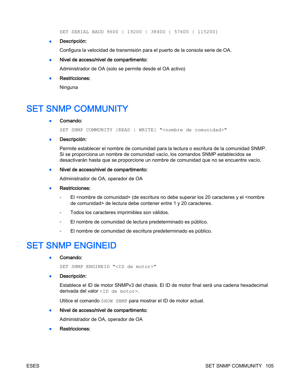 Set snmp community, Set snmp engineid, Set snmp community set snmp engineid | HP Onboard Administrator User Manual | Page 118 / 266