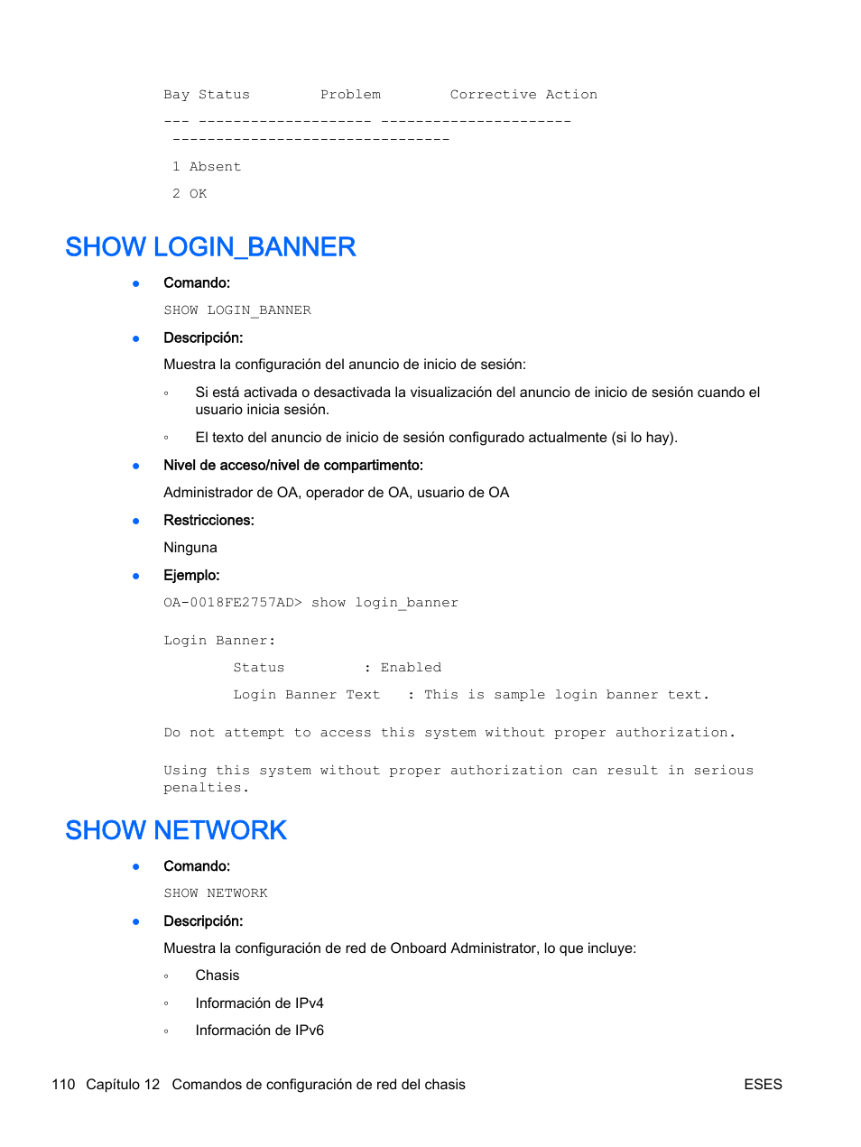 Show login_banner, Show network, Show login_banner show network | Show | HP Onboard Administrator User Manual | Page 123 / 266