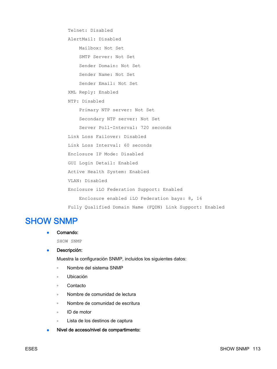 Show snmp | HP Onboard Administrator User Manual | Page 126 / 266