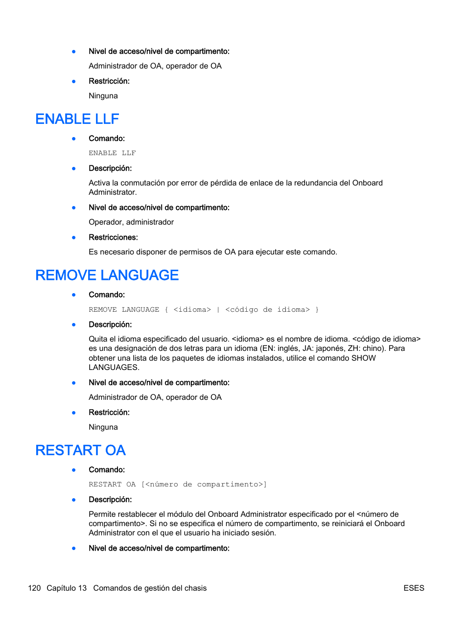 Enable llf, Remove language, Restart oa | Enable llf remove language restart oa | HP Onboard Administrator User Manual | Page 133 / 266