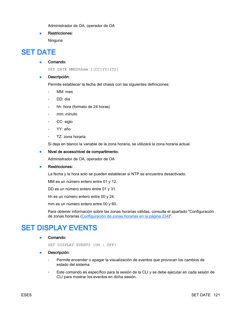 Set date, Set display events, Set date set display events | HP Onboard Administrator User Manual | Page 134 / 266