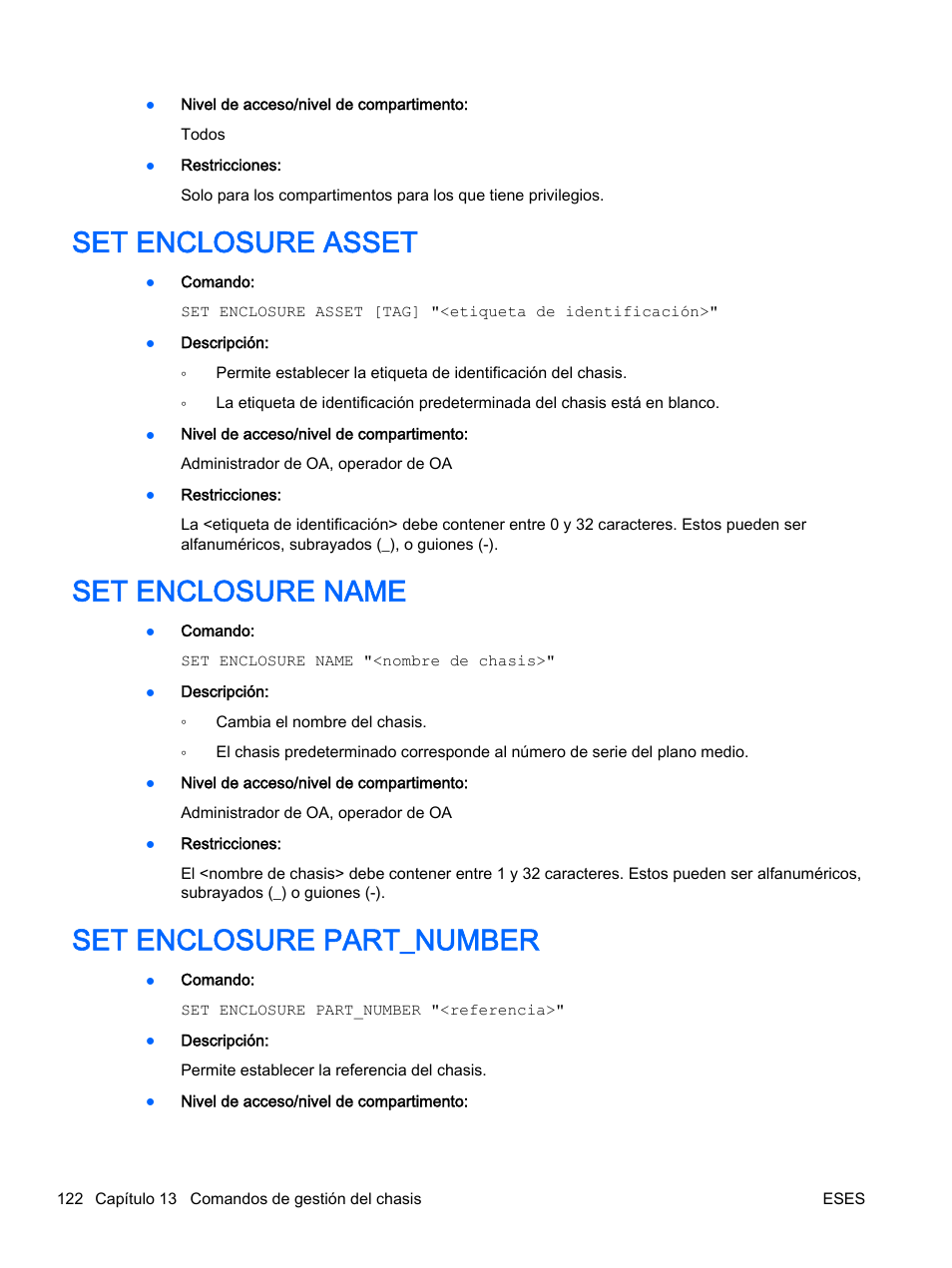 Set enclosure asset, Set enclosure name, Set enclosure part_number | HP Onboard Administrator User Manual | Page 135 / 266