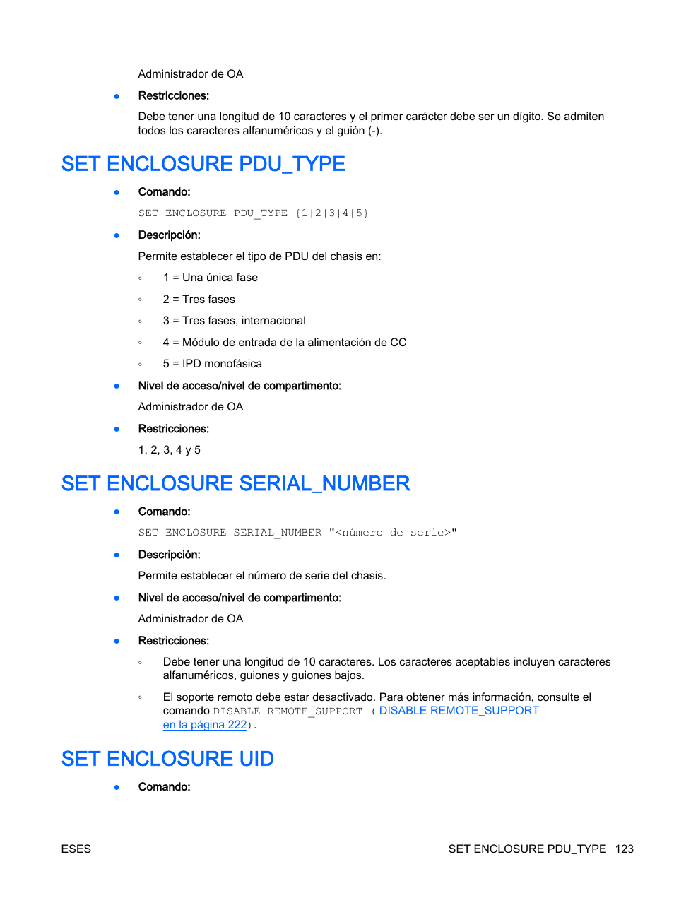 Set enclosure pdu_type, Set enclosure serial_number, Set enclosure uid | HP Onboard Administrator User Manual | Page 136 / 266