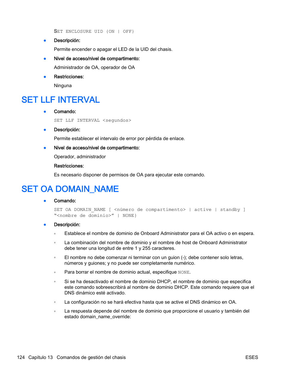 Set llf interval, Set oa domain_name, Set llf interval set oa domain_name | HP Onboard Administrator User Manual | Page 137 / 266