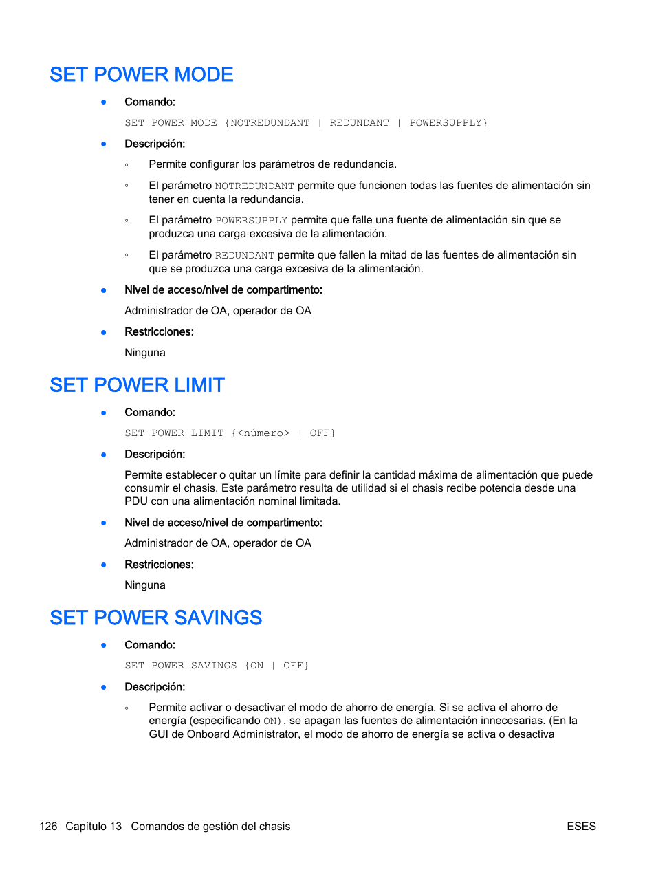 Set power mode, Set power limit, Set power savings | Set power mode set power limit set power savings | HP Onboard Administrator User Manual | Page 139 / 266