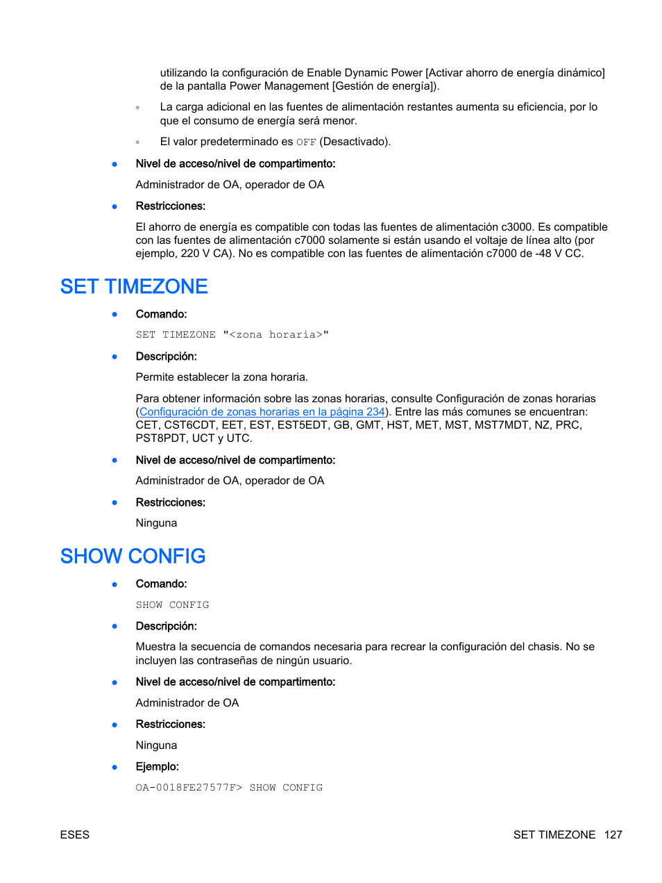 Set timezone, Show config, Set timezone show config | HP Onboard Administrator User Manual | Page 140 / 266