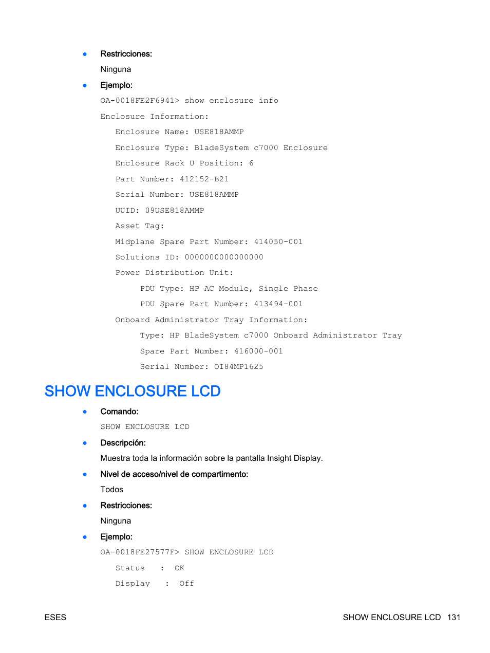 Show enclosure lcd | HP Onboard Administrator User Manual | Page 144 / 266
