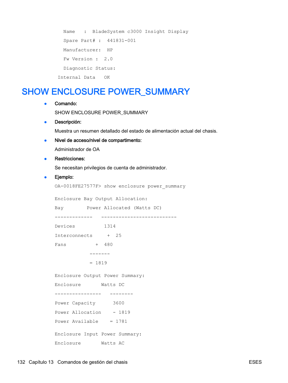 Show enclosure power_summary | HP Onboard Administrator User Manual | Page 145 / 266