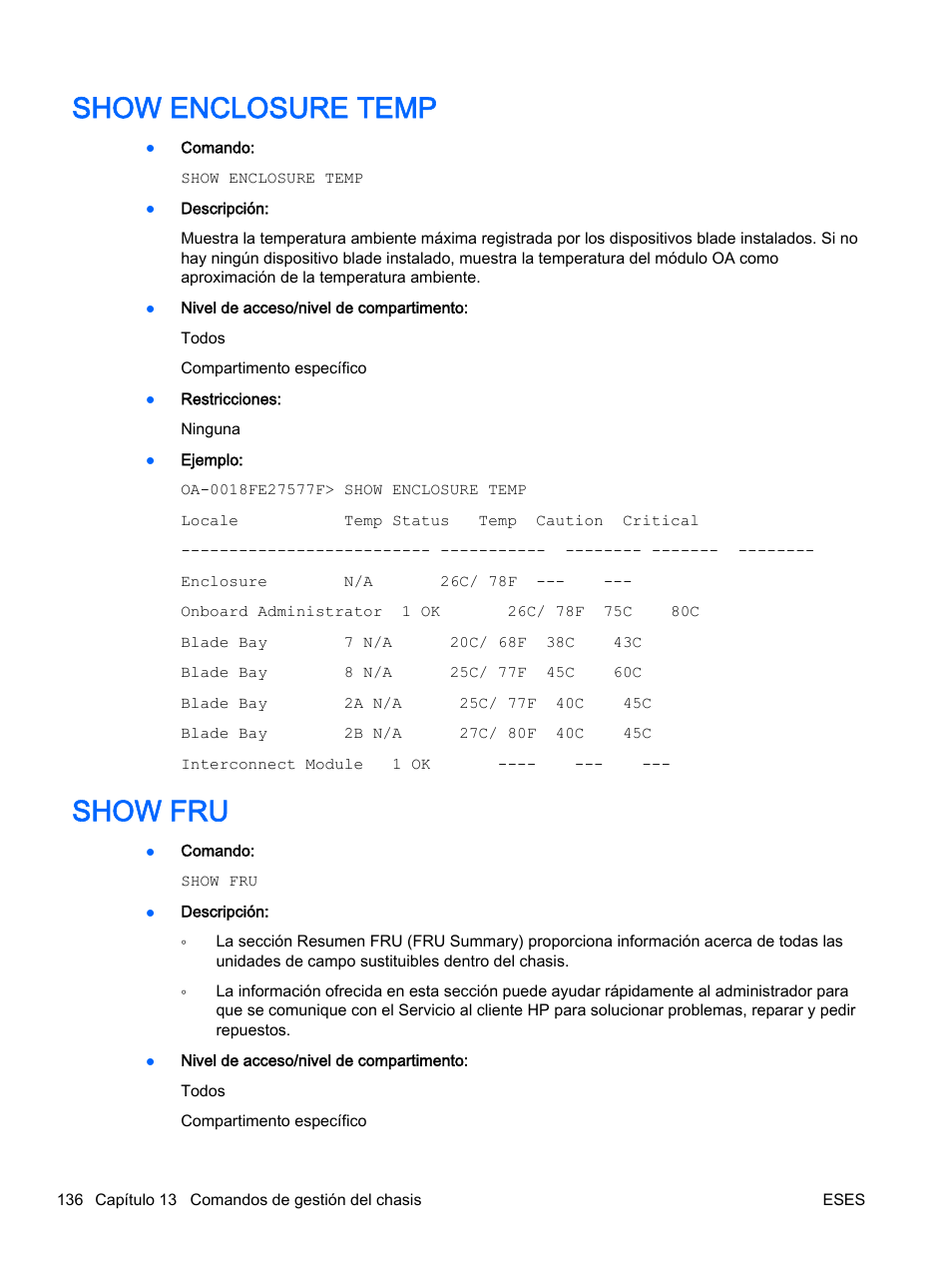 Show enclosure temp, Show fru, Show enclosure temp show fru | HP Onboard Administrator User Manual | Page 149 / 266