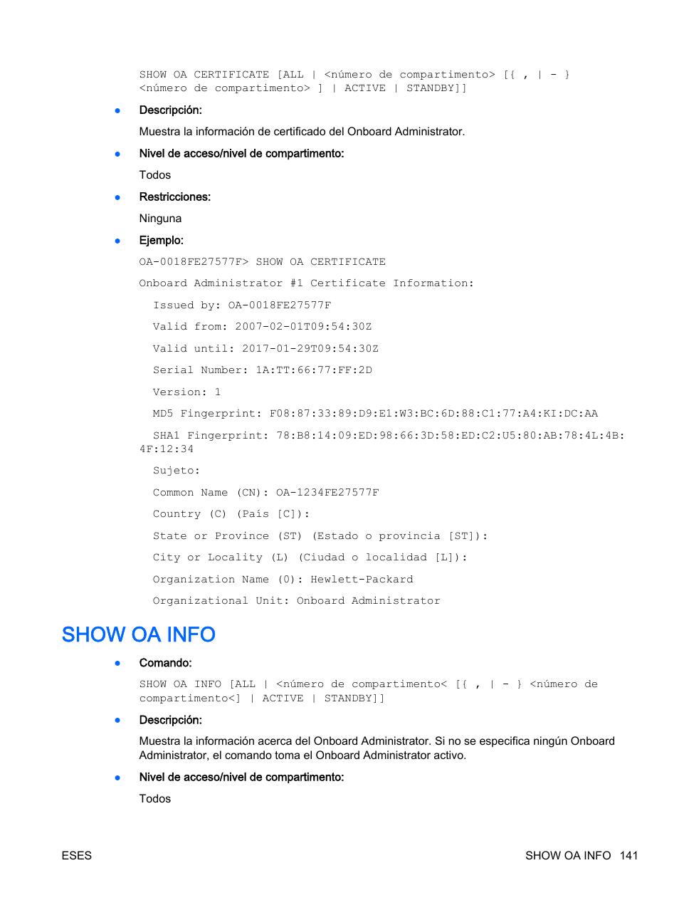 Show oa info | HP Onboard Administrator User Manual | Page 154 / 266