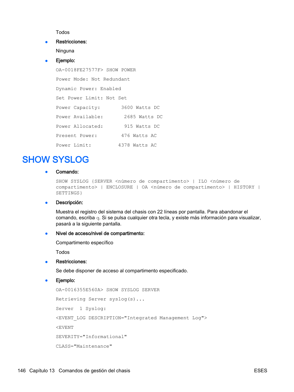 Show syslog | HP Onboard Administrator User Manual | Page 159 / 266