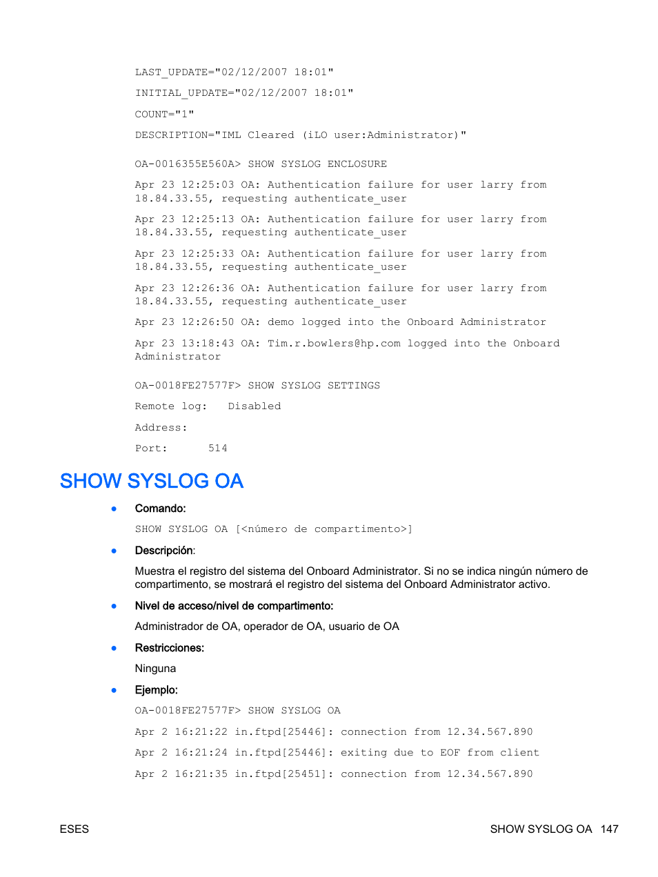 Show syslog oa | HP Onboard Administrator User Manual | Page 160 / 266