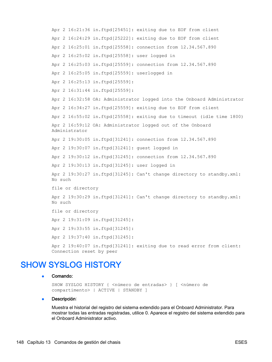 Show syslog history | HP Onboard Administrator User Manual | Page 161 / 266