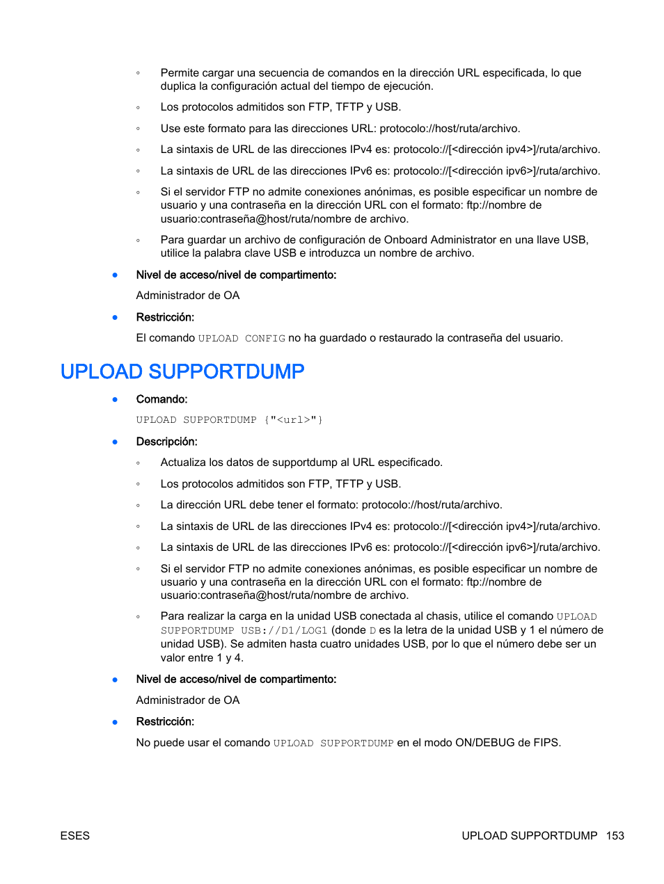 Upload supportdump | HP Onboard Administrator User Manual | Page 166 / 266