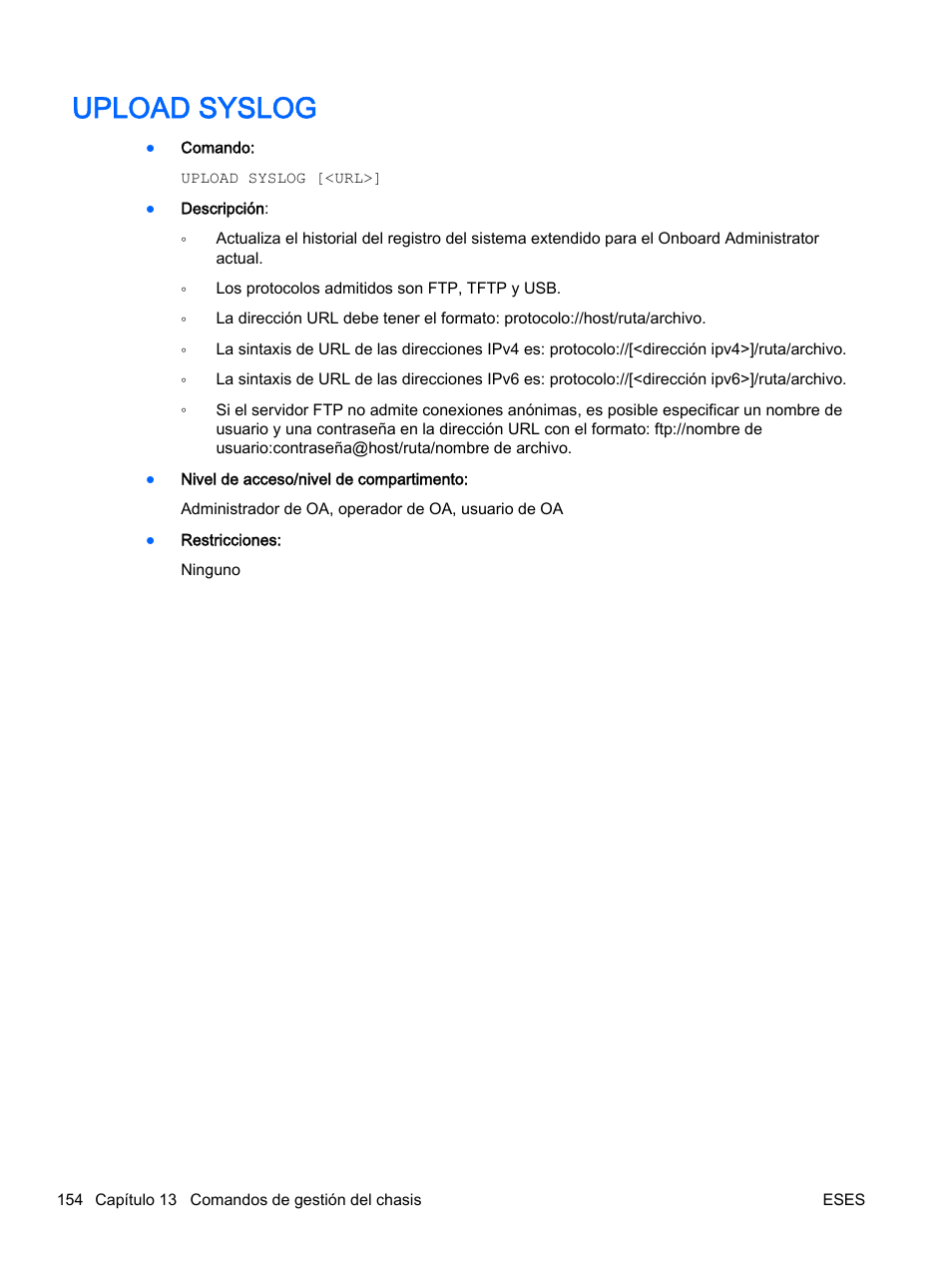 Upload syslog | HP Onboard Administrator User Manual | Page 167 / 266