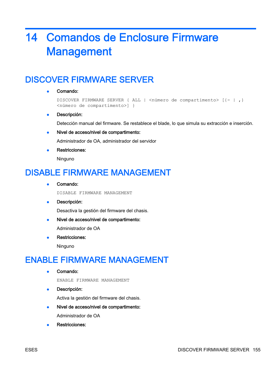 Comandos de enclosure firmware management, Discover firmware server, Disable firmware management | Enable firmware management, 14 comandos de enclosure firmware management | HP Onboard Administrator User Manual | Page 168 / 266