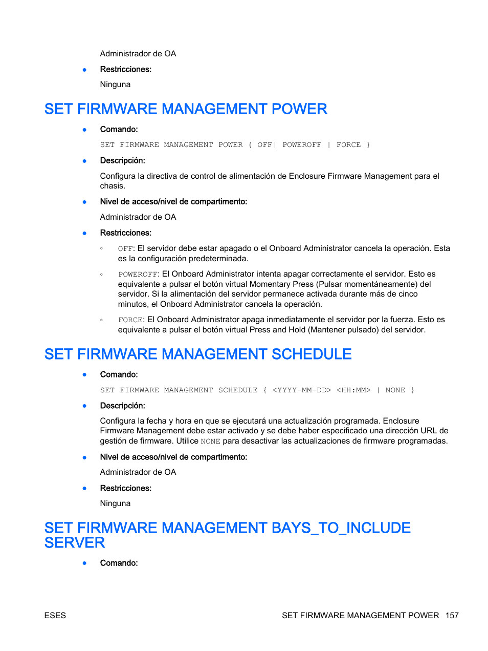 Set firmware management power, Set firmware management schedule, Set firmware management bays_to_include server | HP Onboard Administrator User Manual | Page 170 / 266