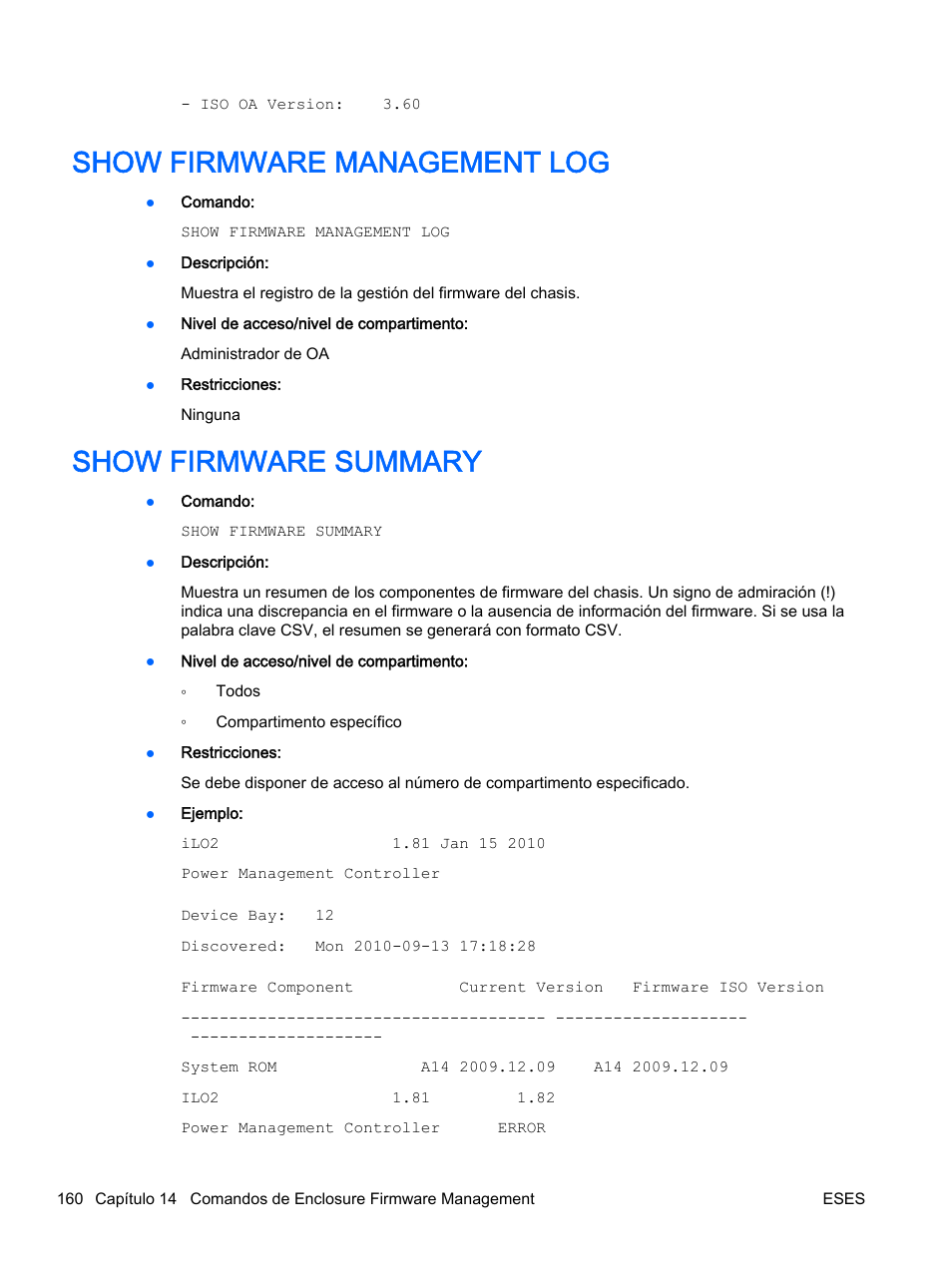 Show firmware management log, Show firmware summary, Show firmware management log show firmware summary | HP Onboard Administrator User Manual | Page 173 / 266