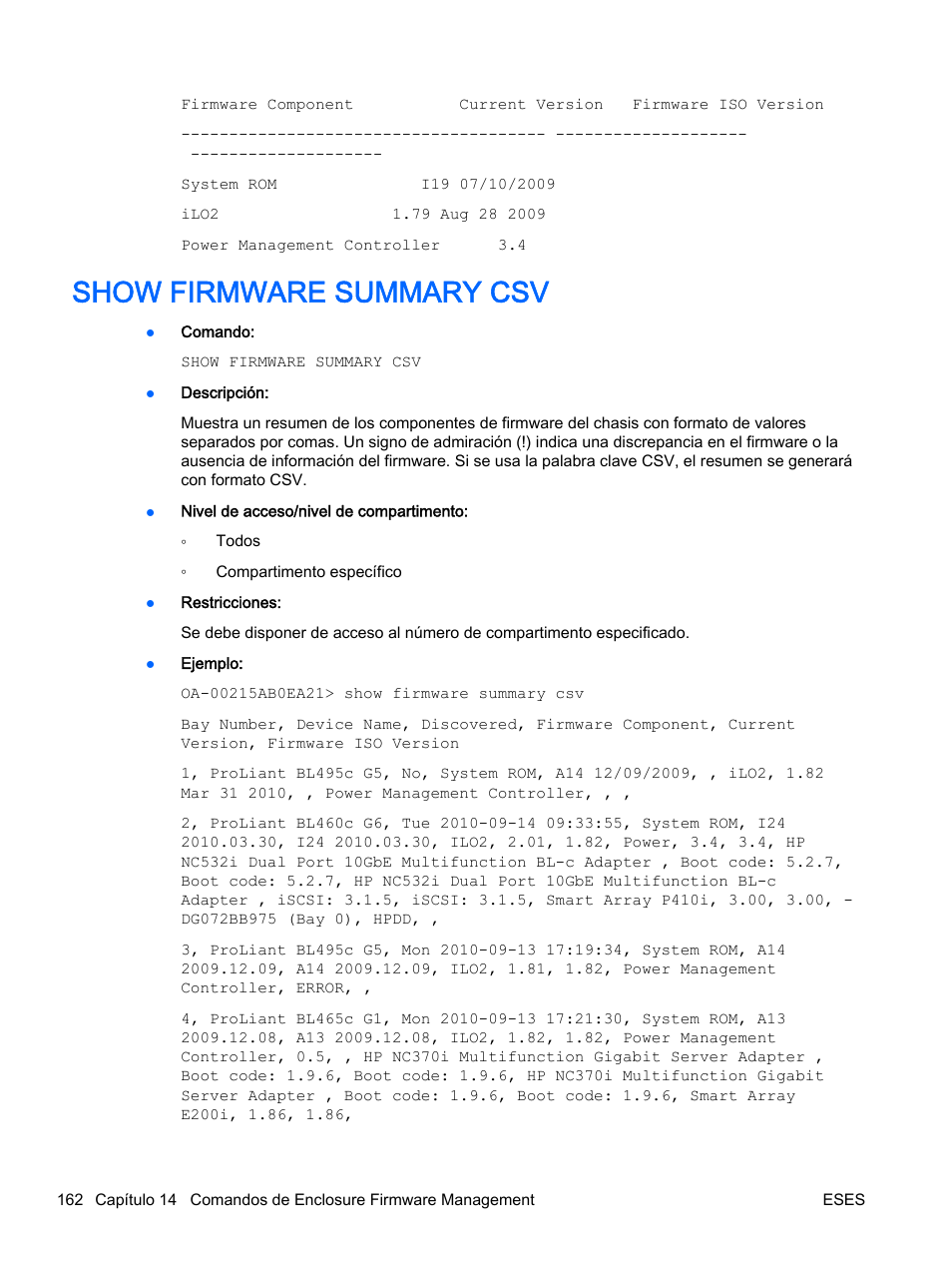 Show firmware summary csv | HP Onboard Administrator User Manual | Page 175 / 266