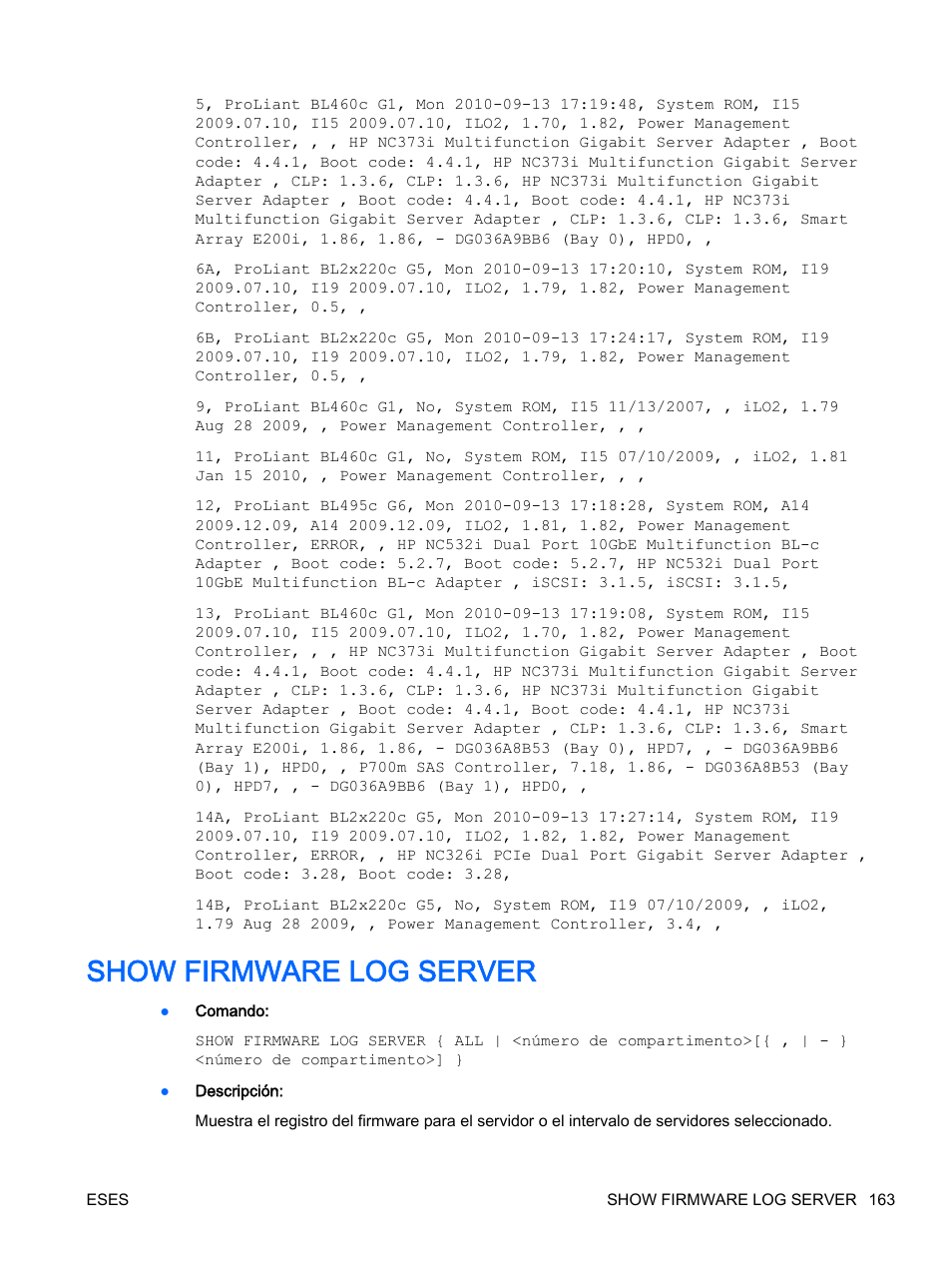 Show firmware log server | HP Onboard Administrator User Manual | Page 176 / 266