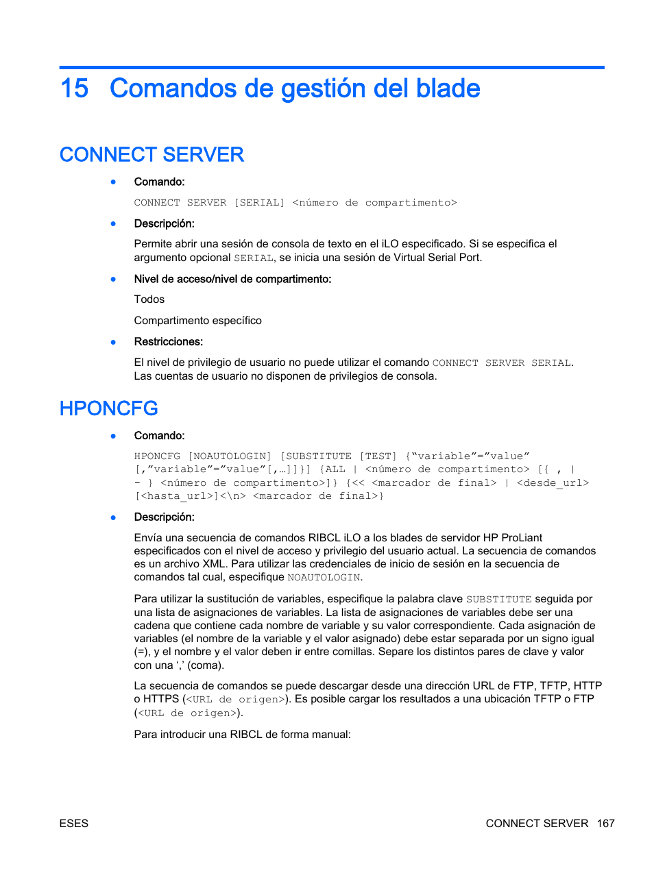 Comandos de gestión del blade, Connect server, Hponcfg | 15 comandos de gestión del blade, Connect server hponcfg | HP Onboard Administrator User Manual | Page 180 / 266