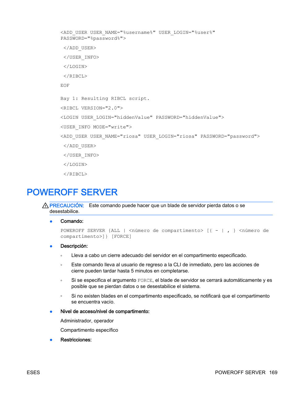 Poweroff server | HP Onboard Administrator User Manual | Page 182 / 266